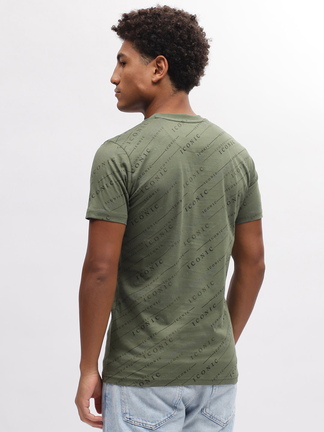 Iconic Men Olive Printed Round Neck Short Sleeves T-Shirt