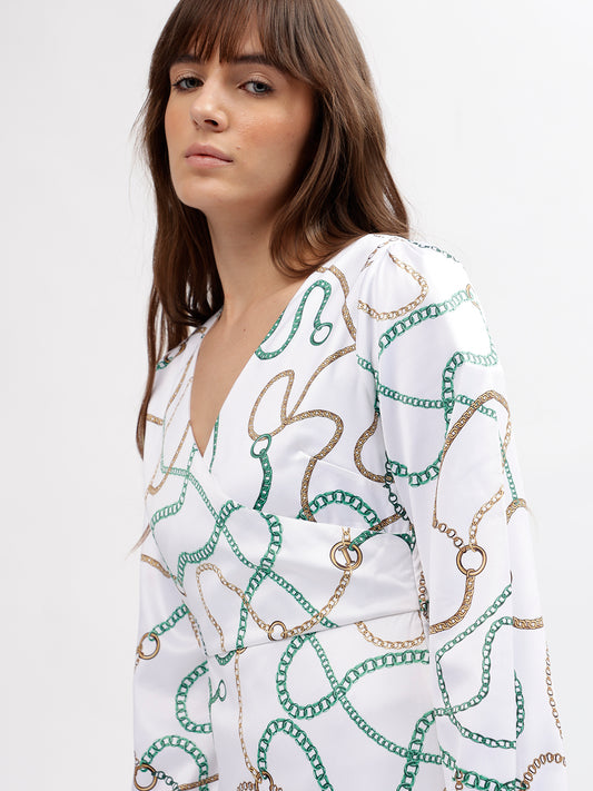 Iconic Women Multi Printed Wrap Neck Full Sleeves Dress