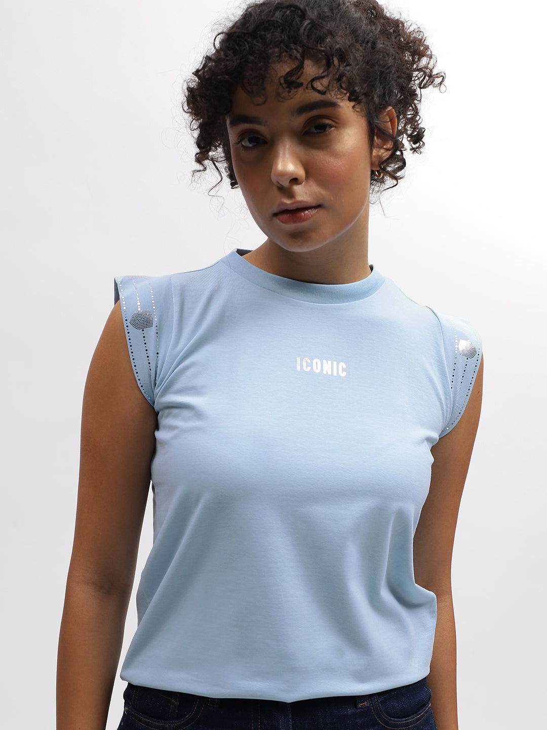 Iconic Women Blue Solid Round Neck Short Sleeves T-Shirt