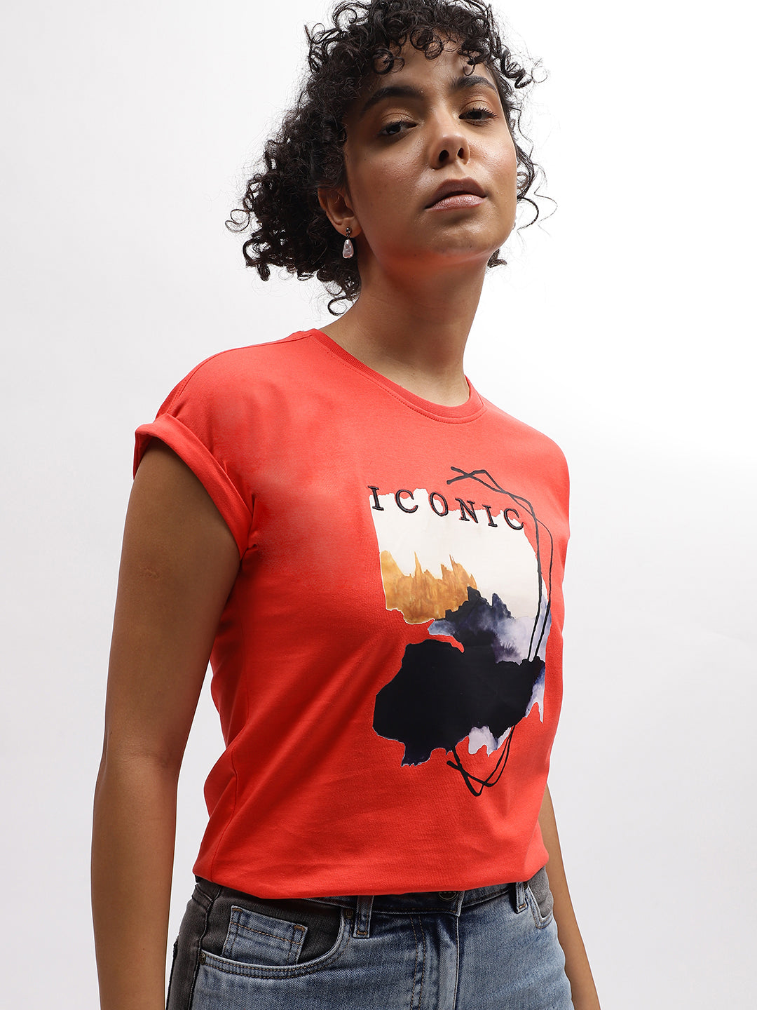 Iconic Women Coral Printed Round Neck Short Sleeves T-Shirt