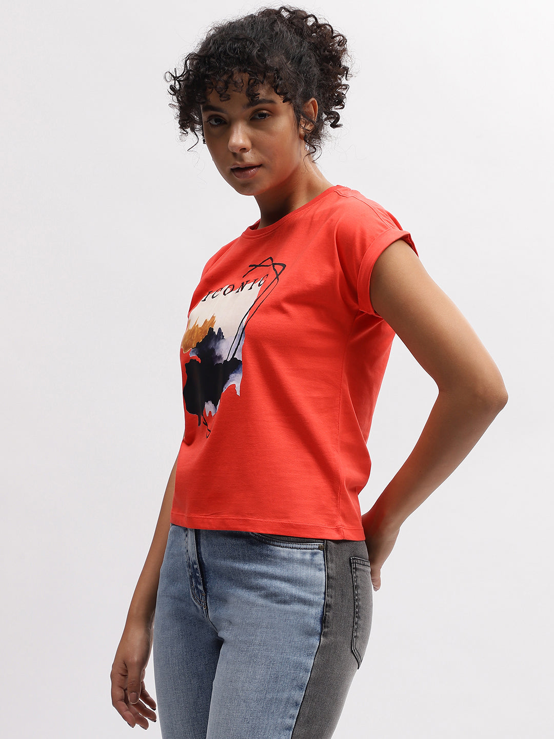 Iconic Women Coral Printed Round Neck Short Sleeves T-Shirt