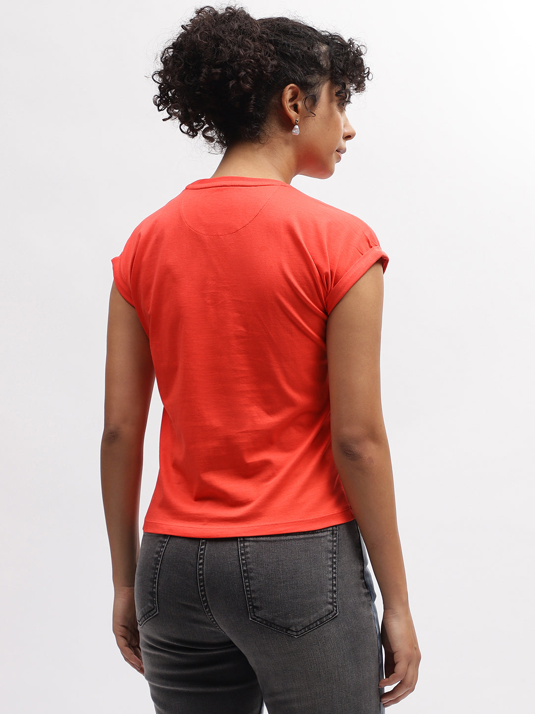 Iconic Women Coral Printed Round Neck Short Sleeves T-Shirt