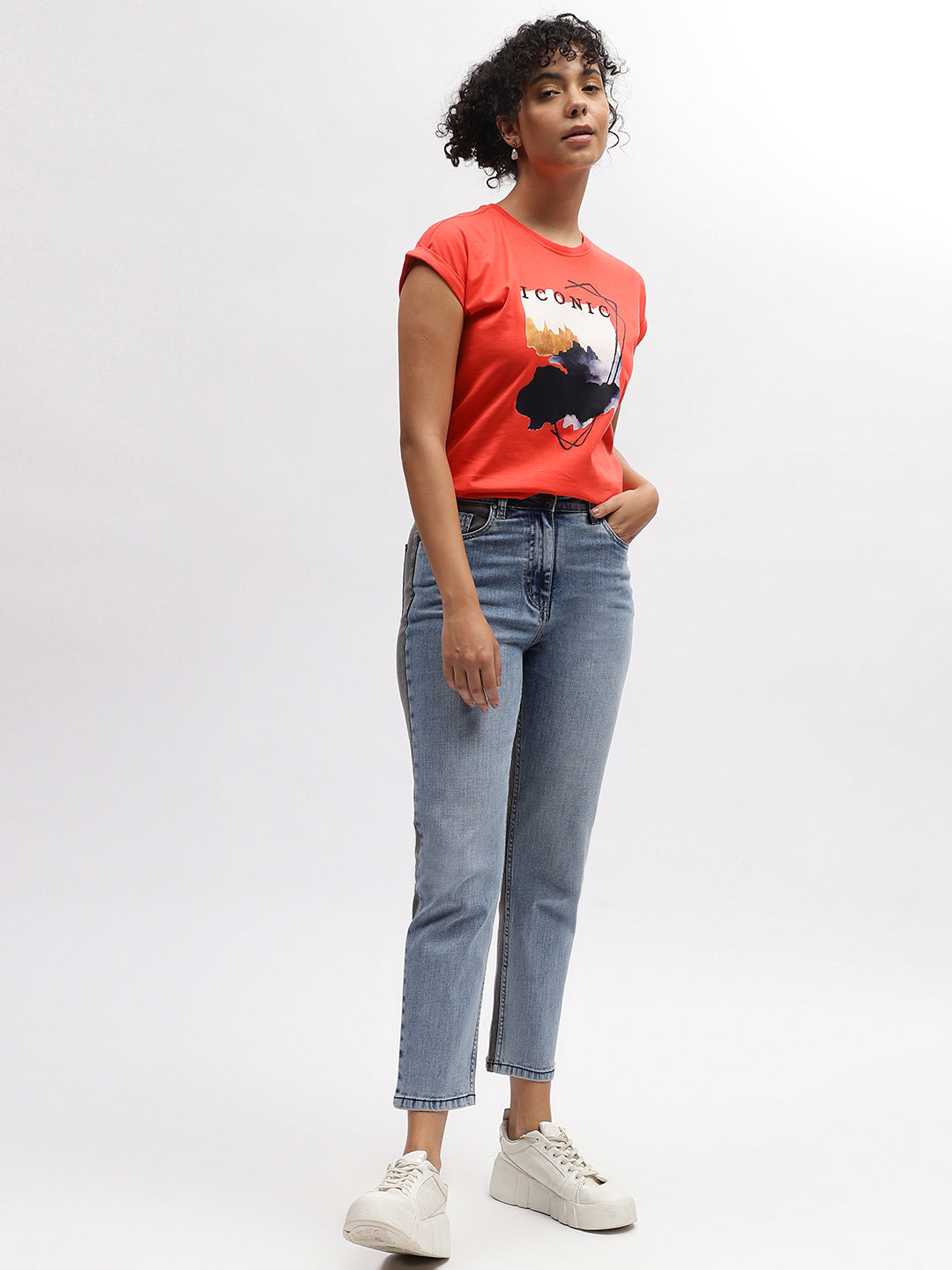 Iconic Women Coral Printed Round Neck Short Sleeves T-Shirt