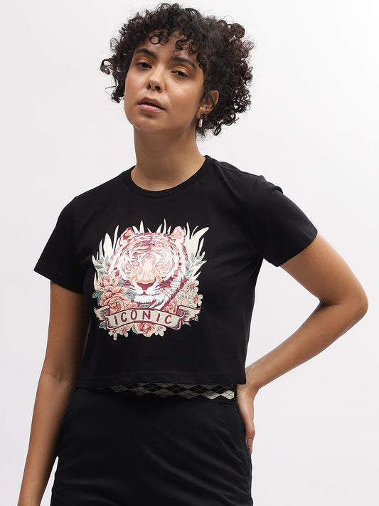 Iconic Women Black Printed Round Neck Short Sleeves T-Shirt
