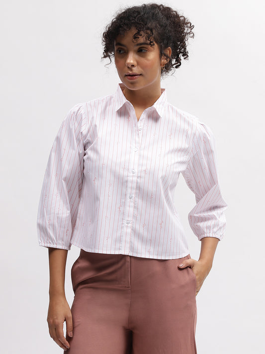 Iconic Women White Striped Spread Collar 3/4Th Sleeves Shirt