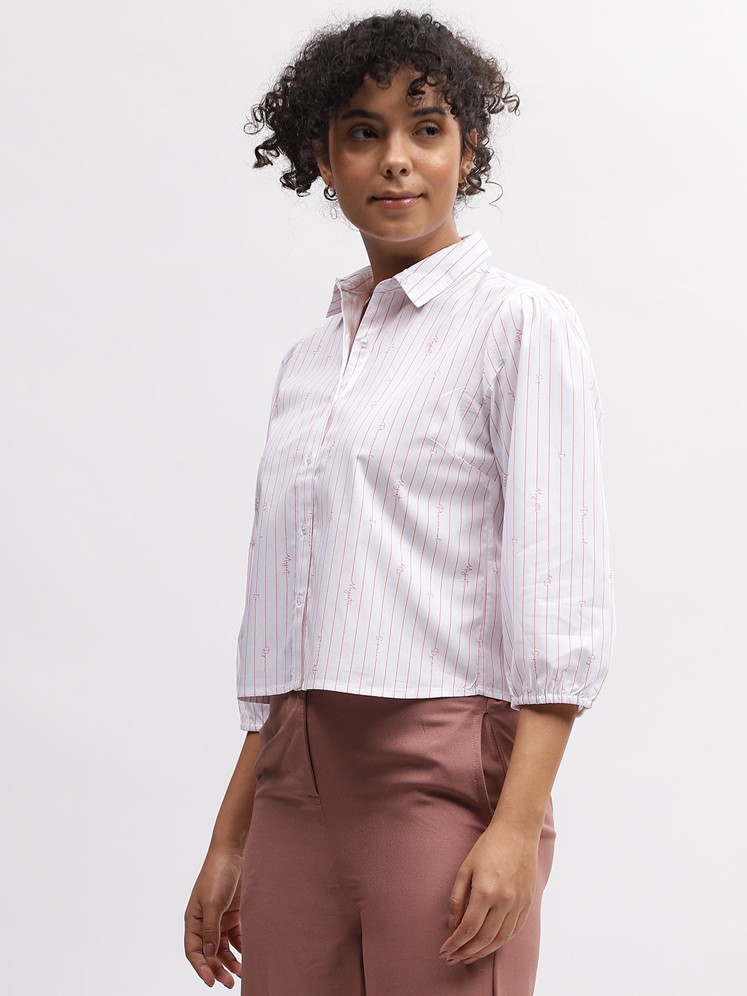 Iconic Women White Striped Spread Collar 3/4Th Sleeves Shirt