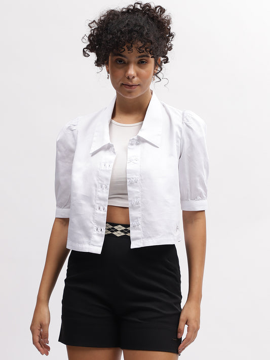 Iconic Women White Solid Spread Collar Short Sleeves Shirt