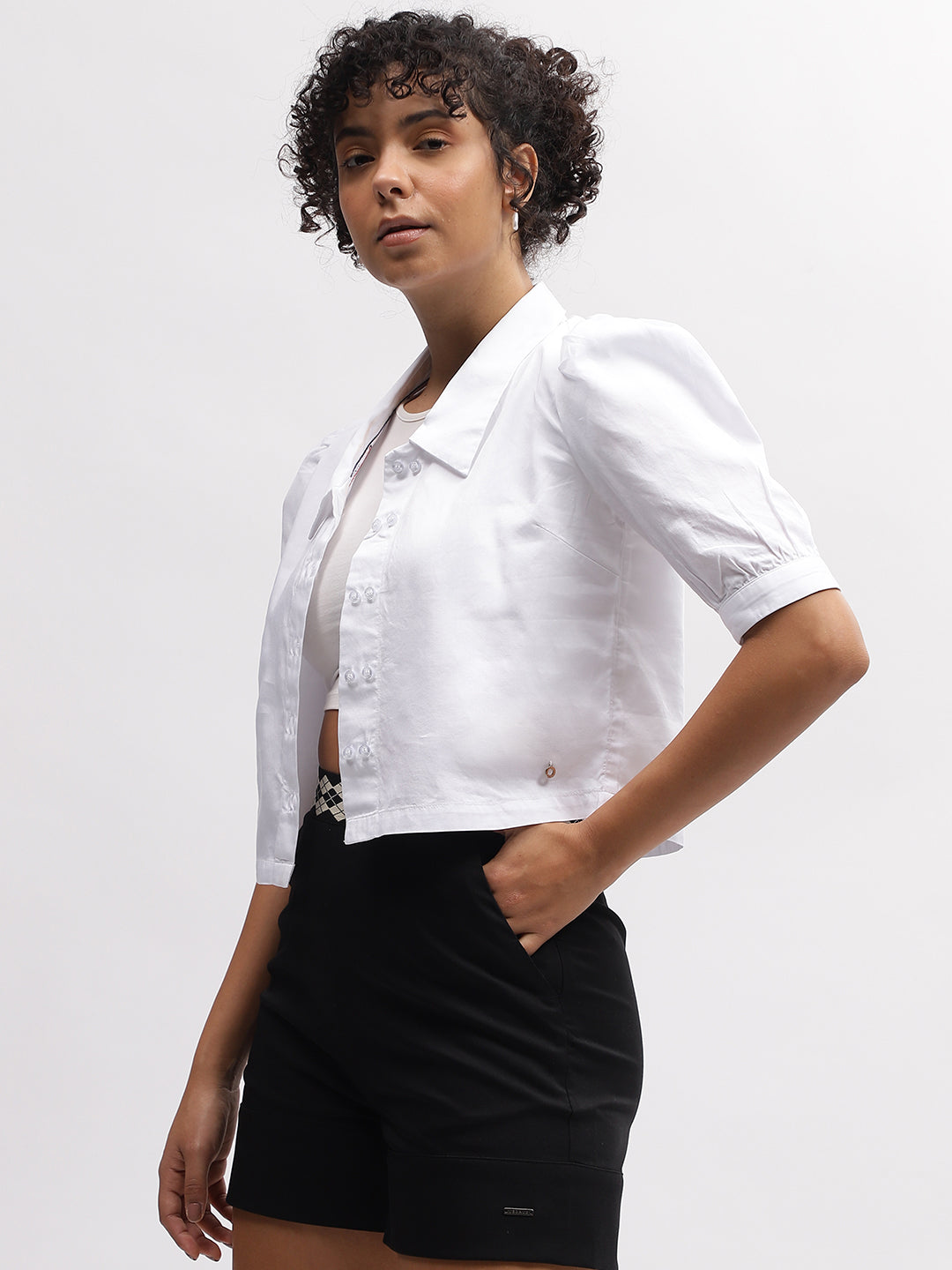 Iconic Women White Solid Spread Collar Short Sleeves Shirt