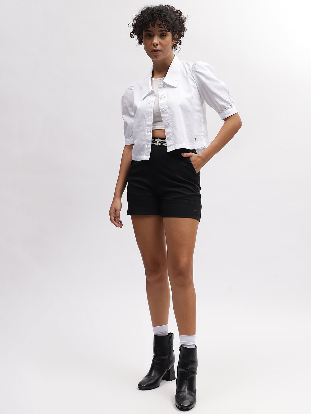 Iconic Women White Solid Spread Collar Short Sleeves Shirt