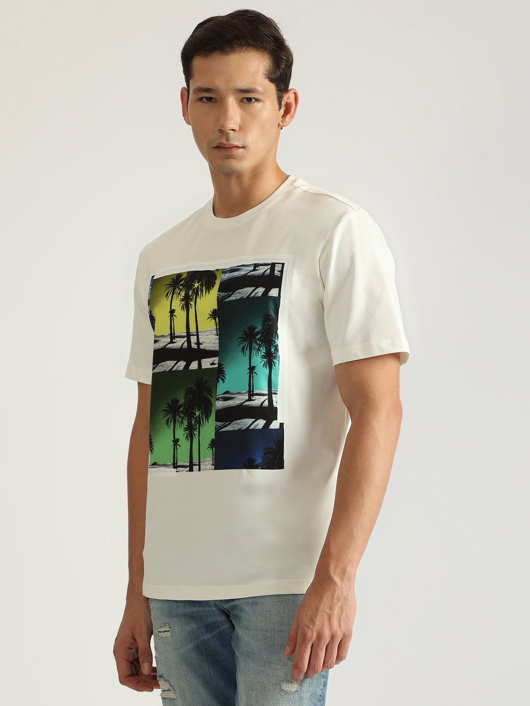 Antony Morato Men Off White Printed Round Neck Short Sleeves Tshirt
