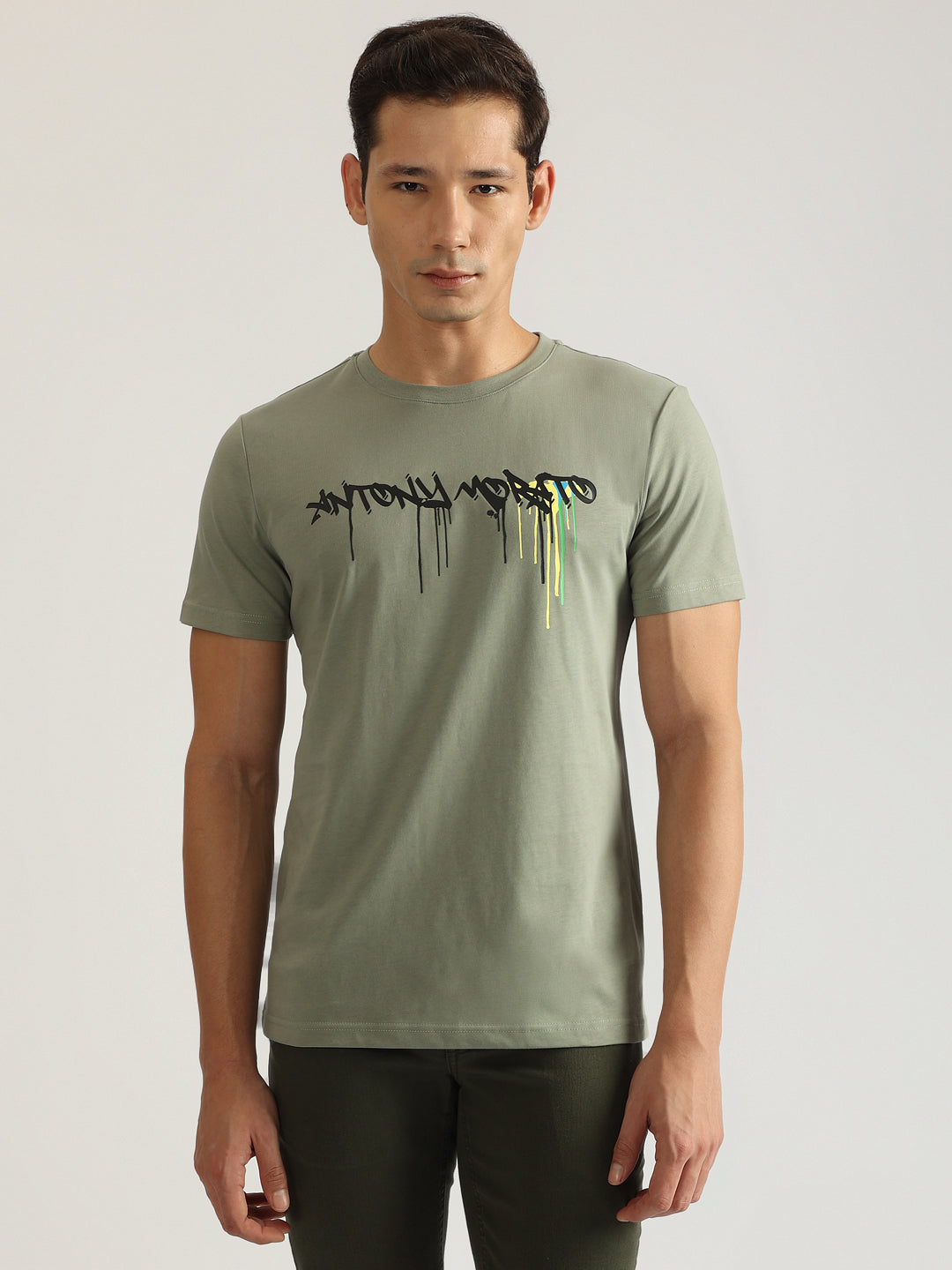 Antony Morato Men Green Printed Round Neck Short Sleeves Tshirt