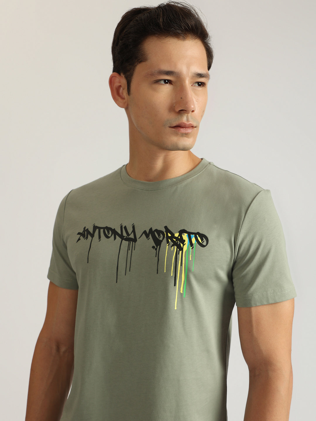 Antony Morato Men Green Printed Round Neck Short Sleeves Tshirt