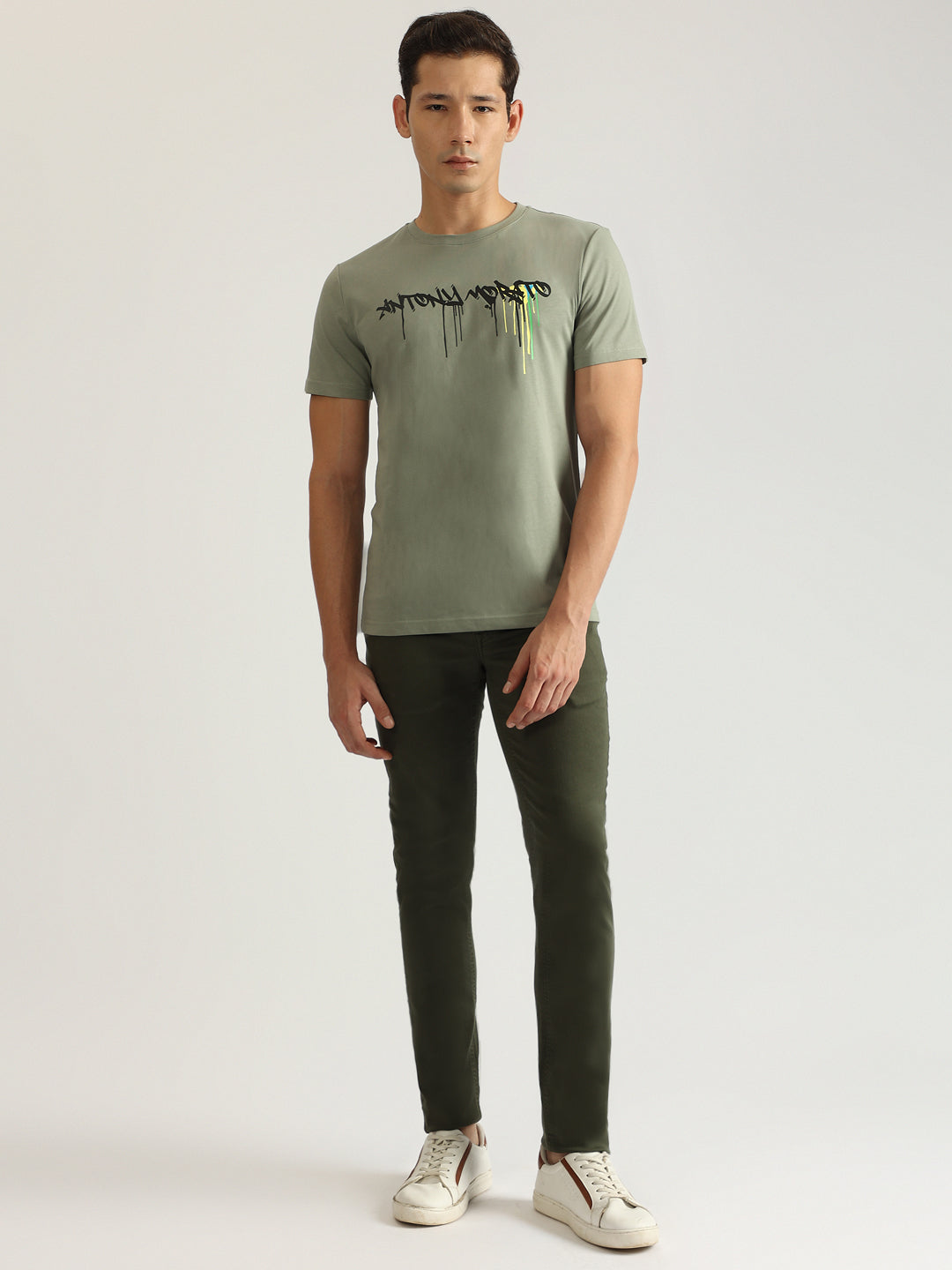 Antony Morato Men Green Printed Round Neck Short Sleeves Tshirt