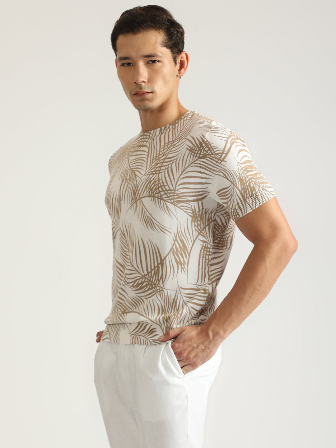 Antony Morato Men Beige Printed Round Neck Short Sleeves Tshirt