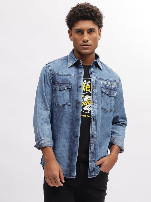 True Religion Men Blue Solid Spread Collar Full Sleeves Shirt