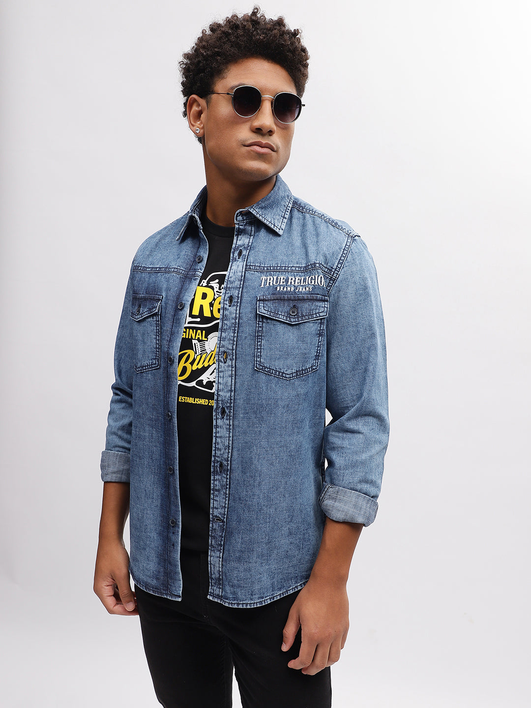 True Religion Men Blue Solid Spread Collar Full Sleeves Shirt