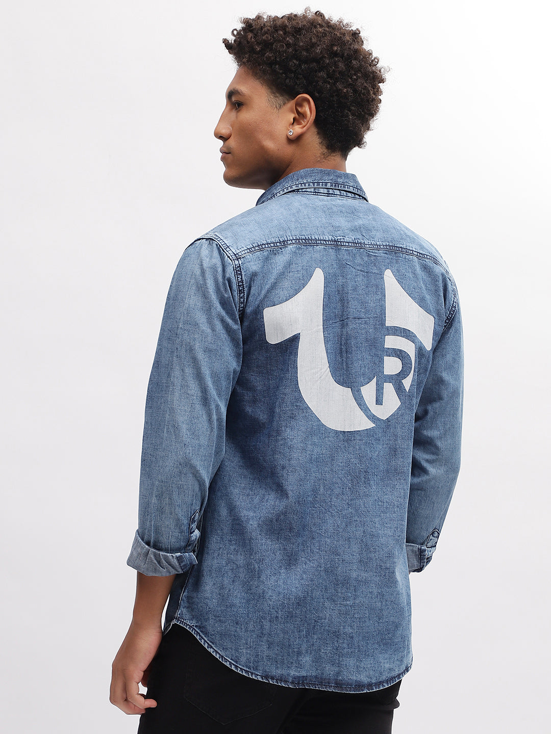 True Religion Men Blue Solid Spread Collar Full Sleeves Shirt