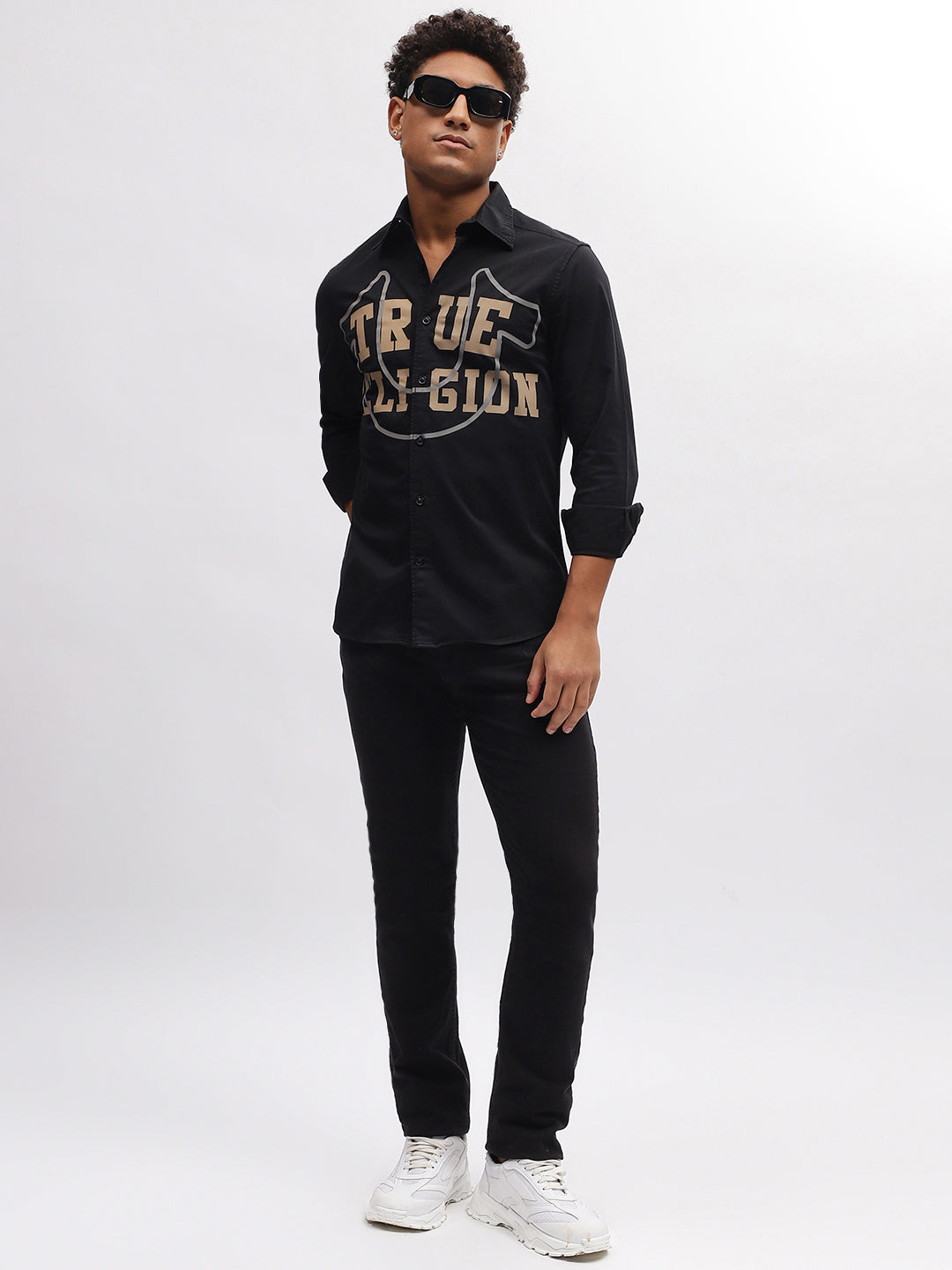 True Religion Men Black Solid Spread Collar Full Sleeves Shirt
