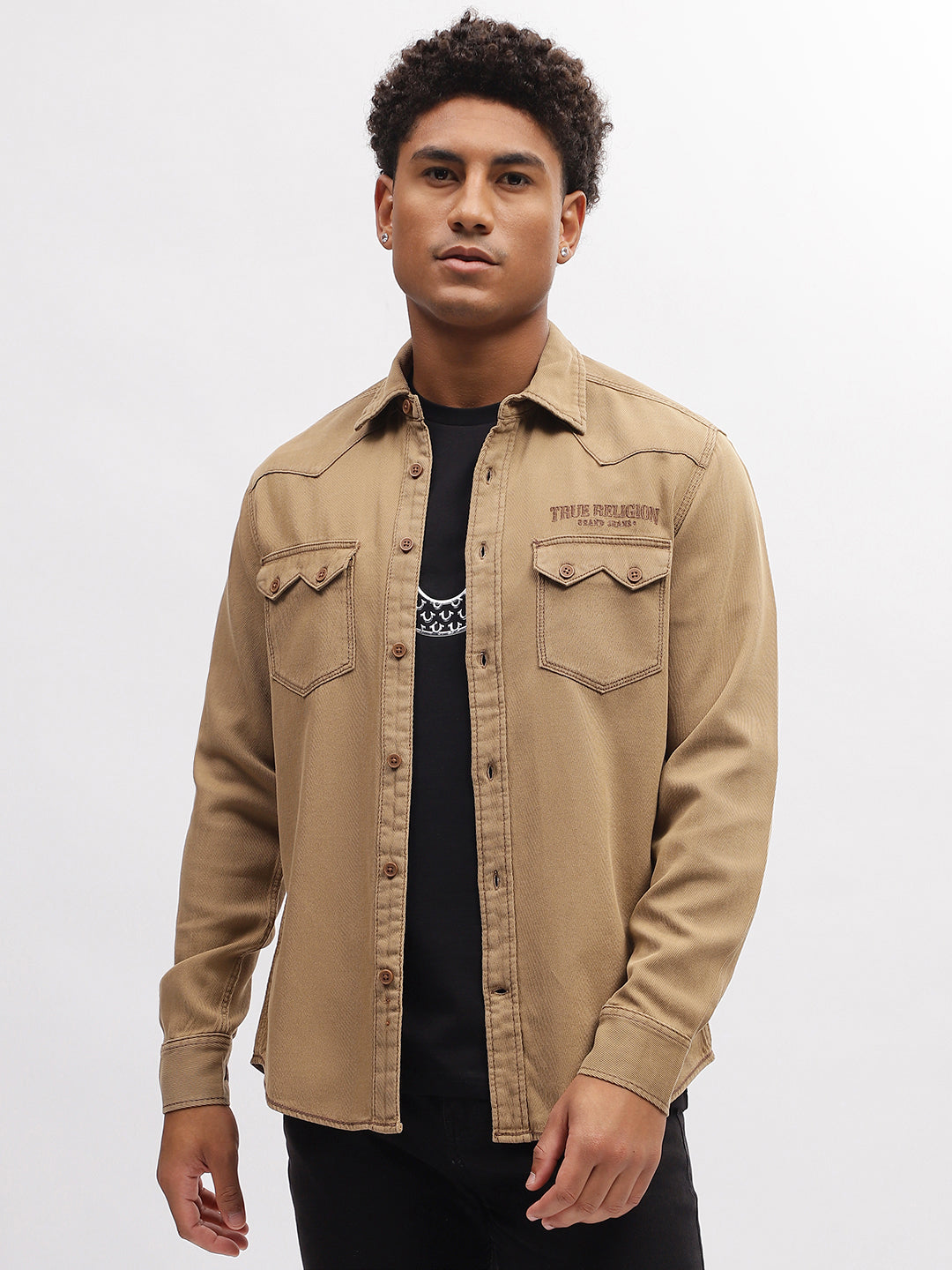 True Religion Men Khaki Solid Spread Collar Full Sleeves Shirt