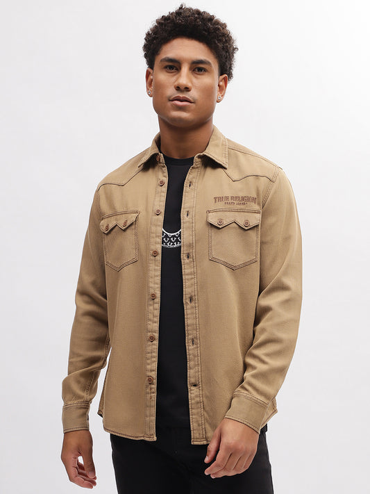True Religion Men Khaki Solid Spread Collar Full Sleeves Shirt