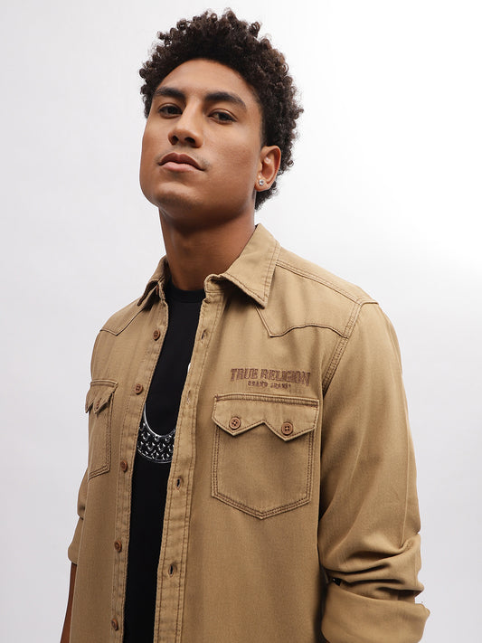 True Religion Men Khaki Solid Spread Collar Full Sleeves Shirt