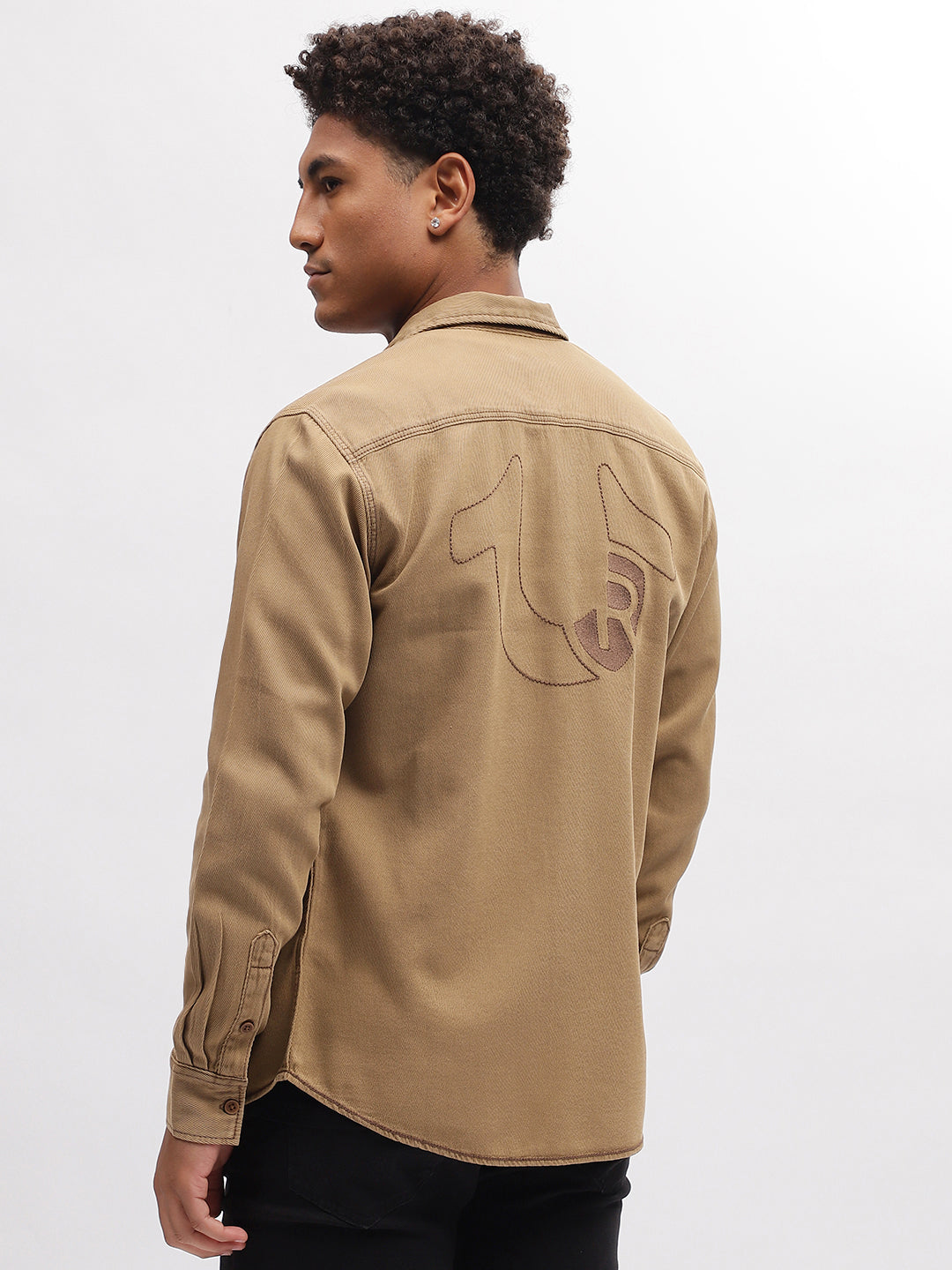 True Religion Men Khaki Solid Spread Collar Full Sleeves Shirt