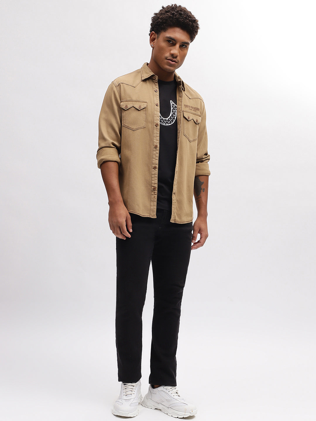 True Religion Men Khaki Solid Spread Collar Full Sleeves Shirt