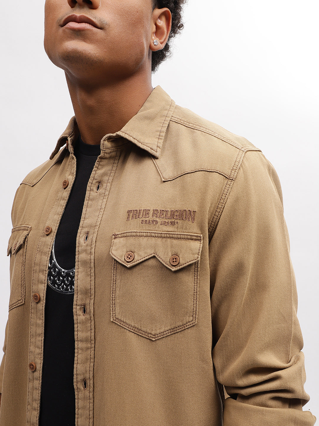 True Religion Men Khaki Solid Spread Collar Full Sleeves Shirt