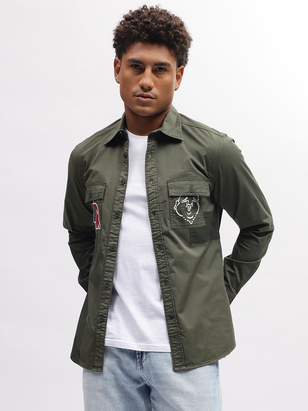 True Religion Men Green Solid Spread Collar Full Sleeves Shirt