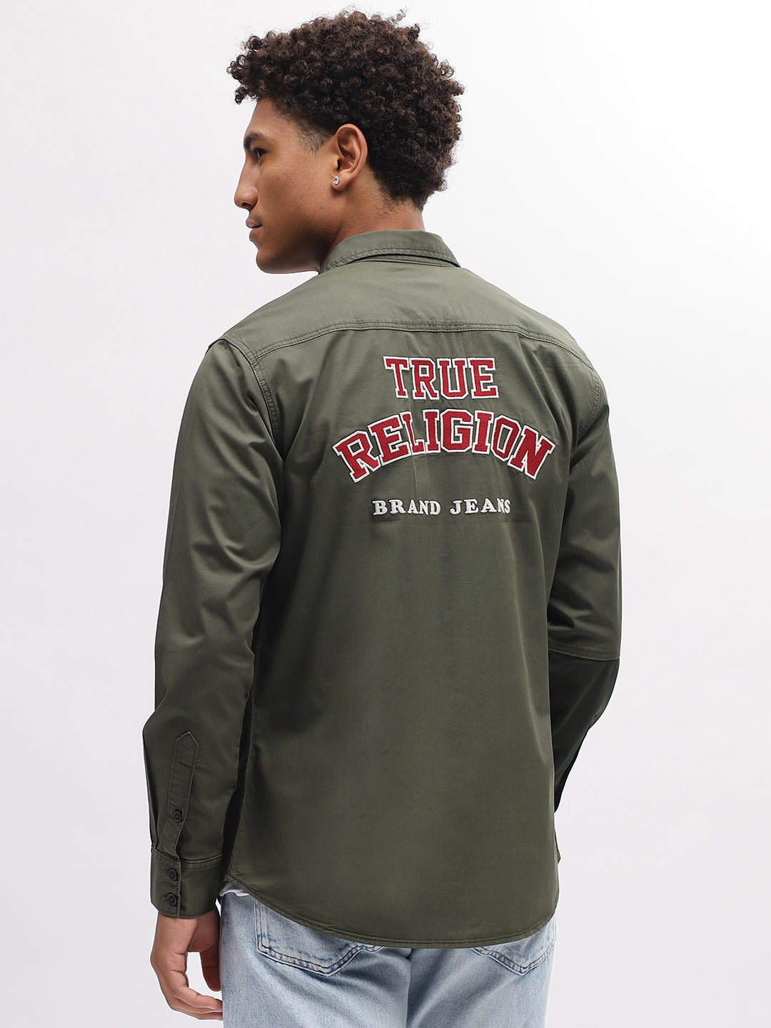 True Religion Men Green Solid Spread Collar Full Sleeves Shirt