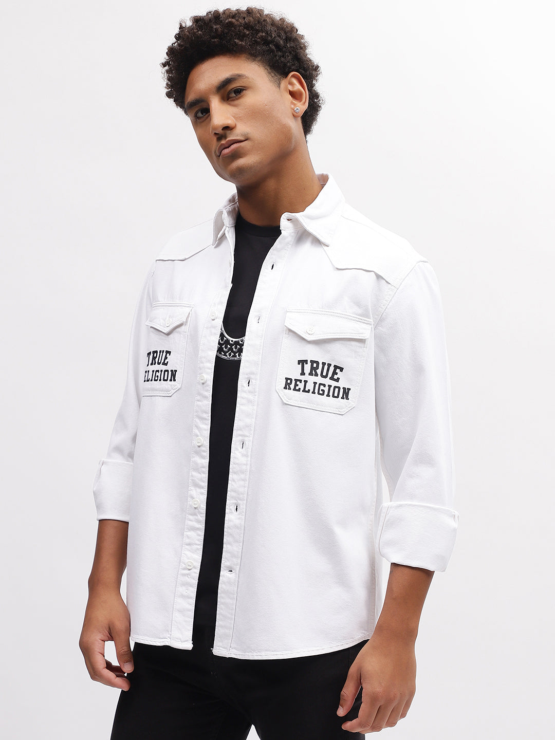 True Religion Men White Solid Spread Collar Full Sleeves Shirt