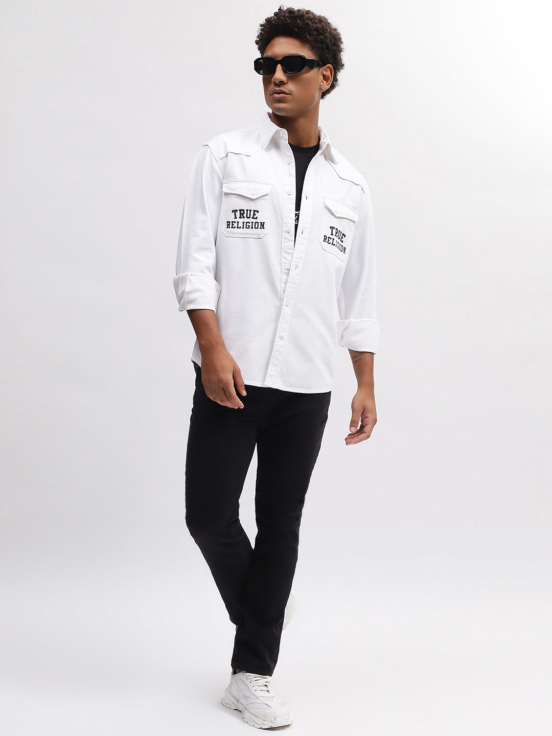 True Religion Men White Solid Spread Collar Full Sleeves Shirt