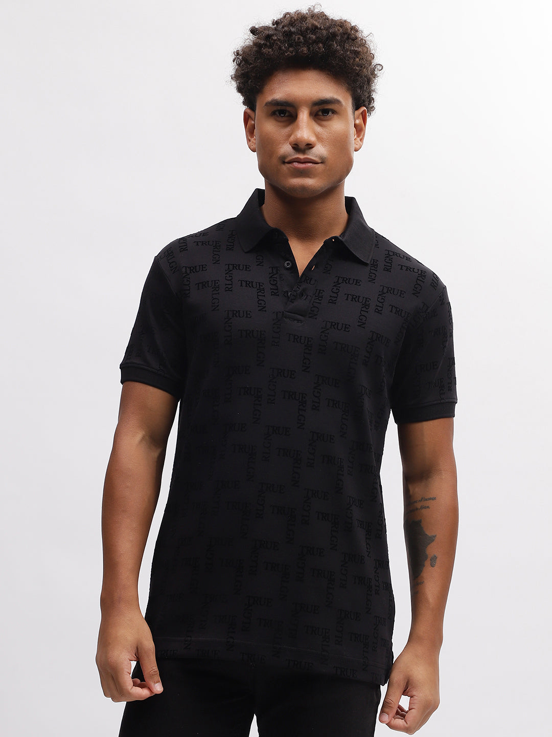 True Religion Men Black Printed Polo Collar Short Sleeves T-Shirt