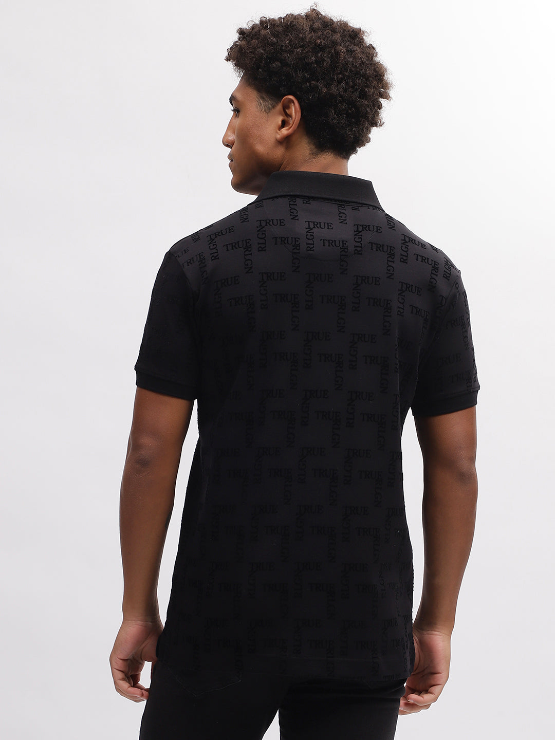 True Religion Men Black Printed Polo Collar Short Sleeves T-Shirt