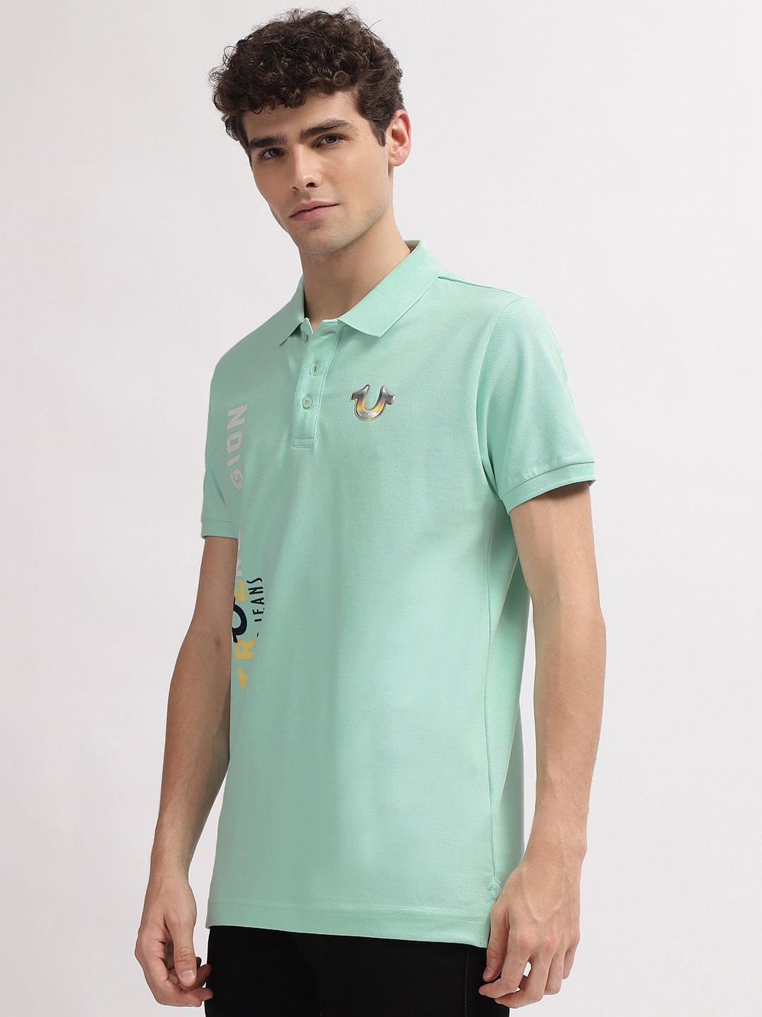 True Religion Men Mint Green Printed Polo Collar Short Sleeves T-Shirt