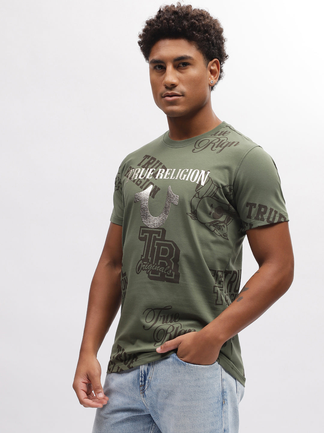 True Religion Men Green Printed Round Neck Short Sleeves T-Shirt