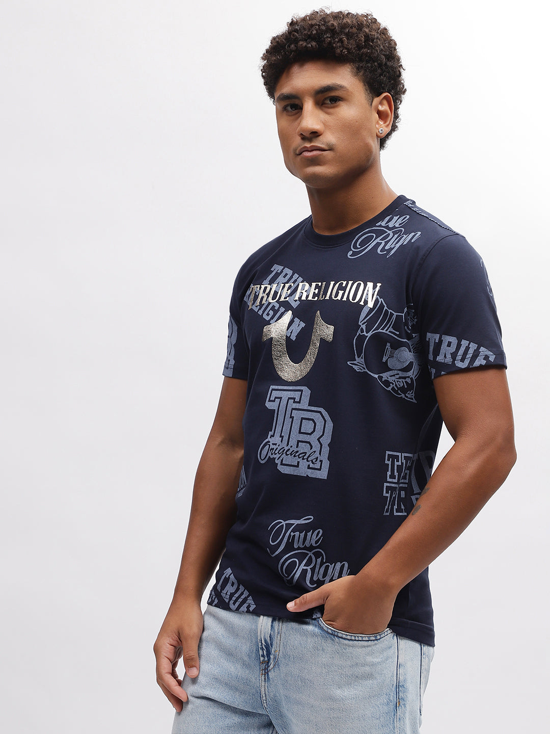 True Religion Men Blue Printed Round Neck Short Sleeves T-Shirt