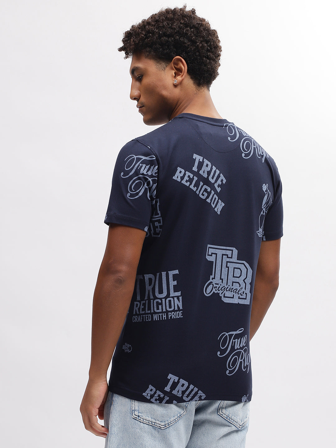 True Religion Men Blue Printed Round Neck Short Sleeves T-Shirt