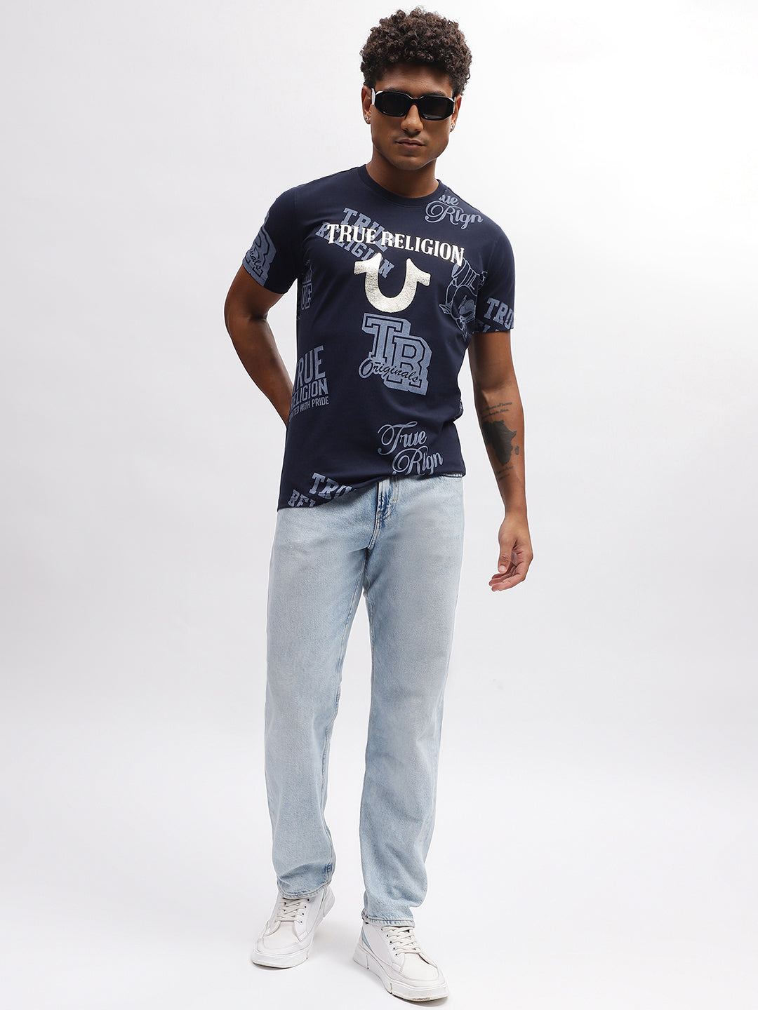 True Religion Men Blue Printed Round Neck Short Sleeves T-Shirt