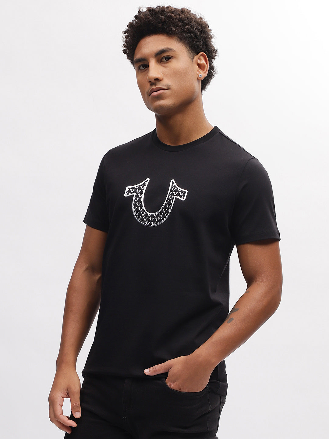 True Religion Men Black Solid Round Neck Short Sleeves T-Shirt