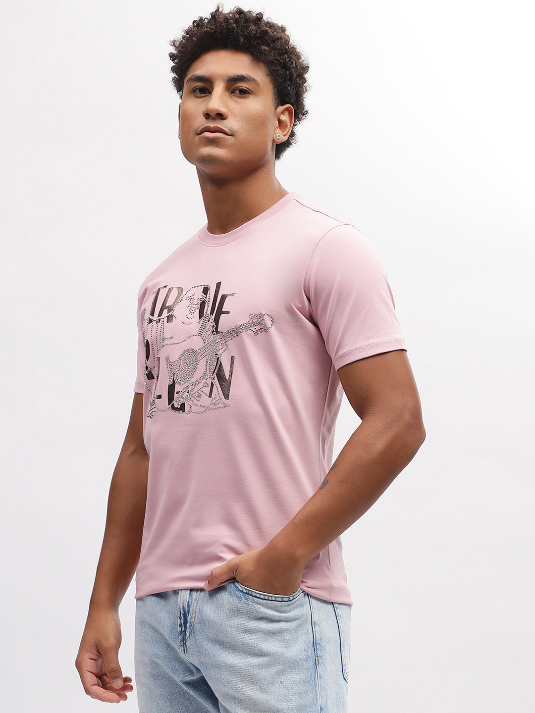 True Religion Men Pink Printed Round Neck Short Sleeves T-Shirt