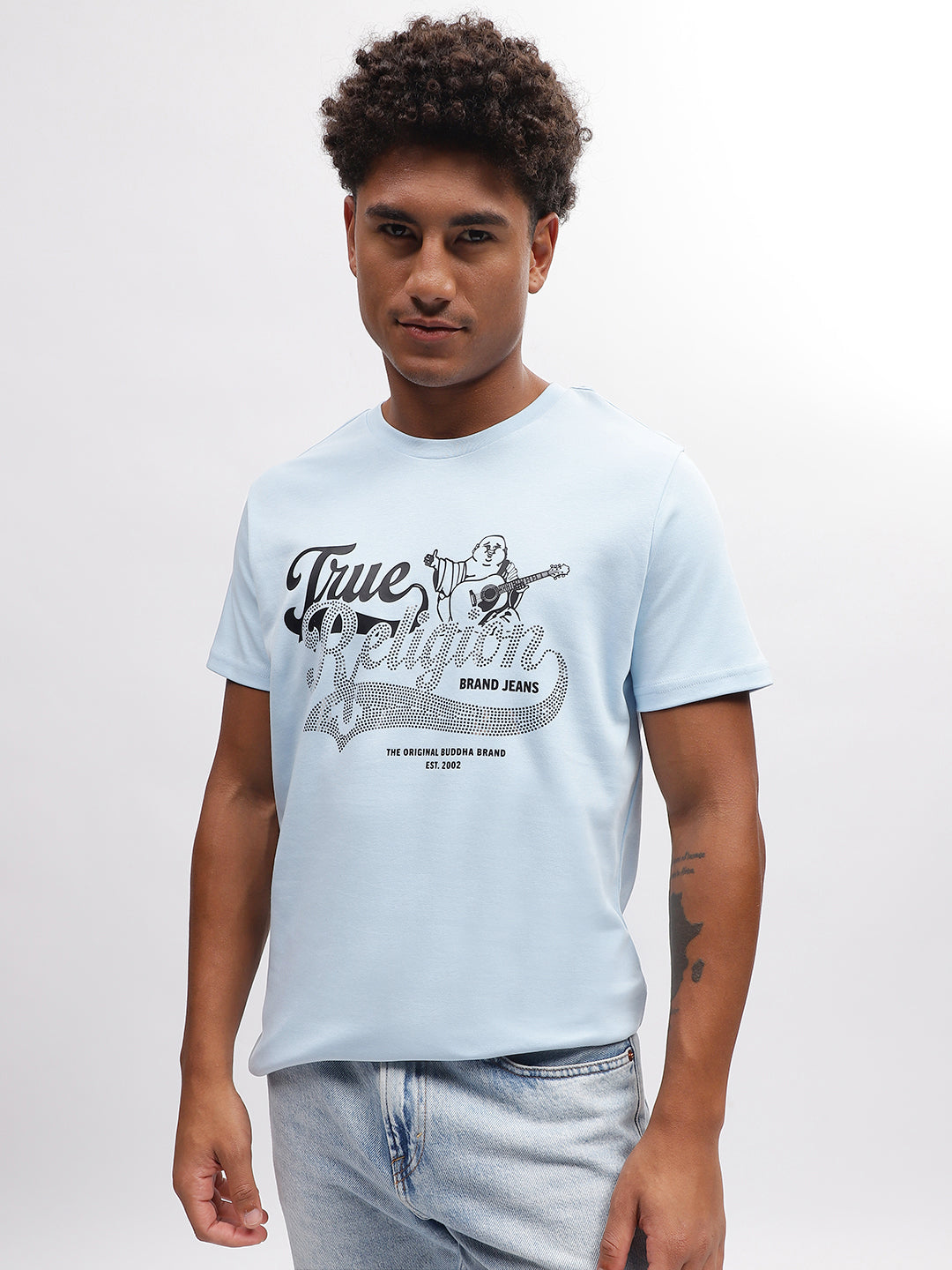 True Religion Men Blue Solid Round Neck Short Sleeves T-Shirt