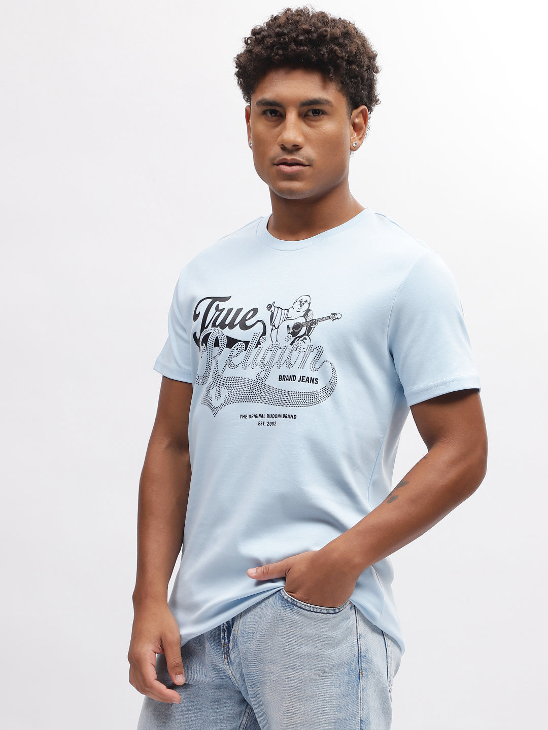 True Religion Men Blue Solid Round Neck Short Sleeves T-Shirt