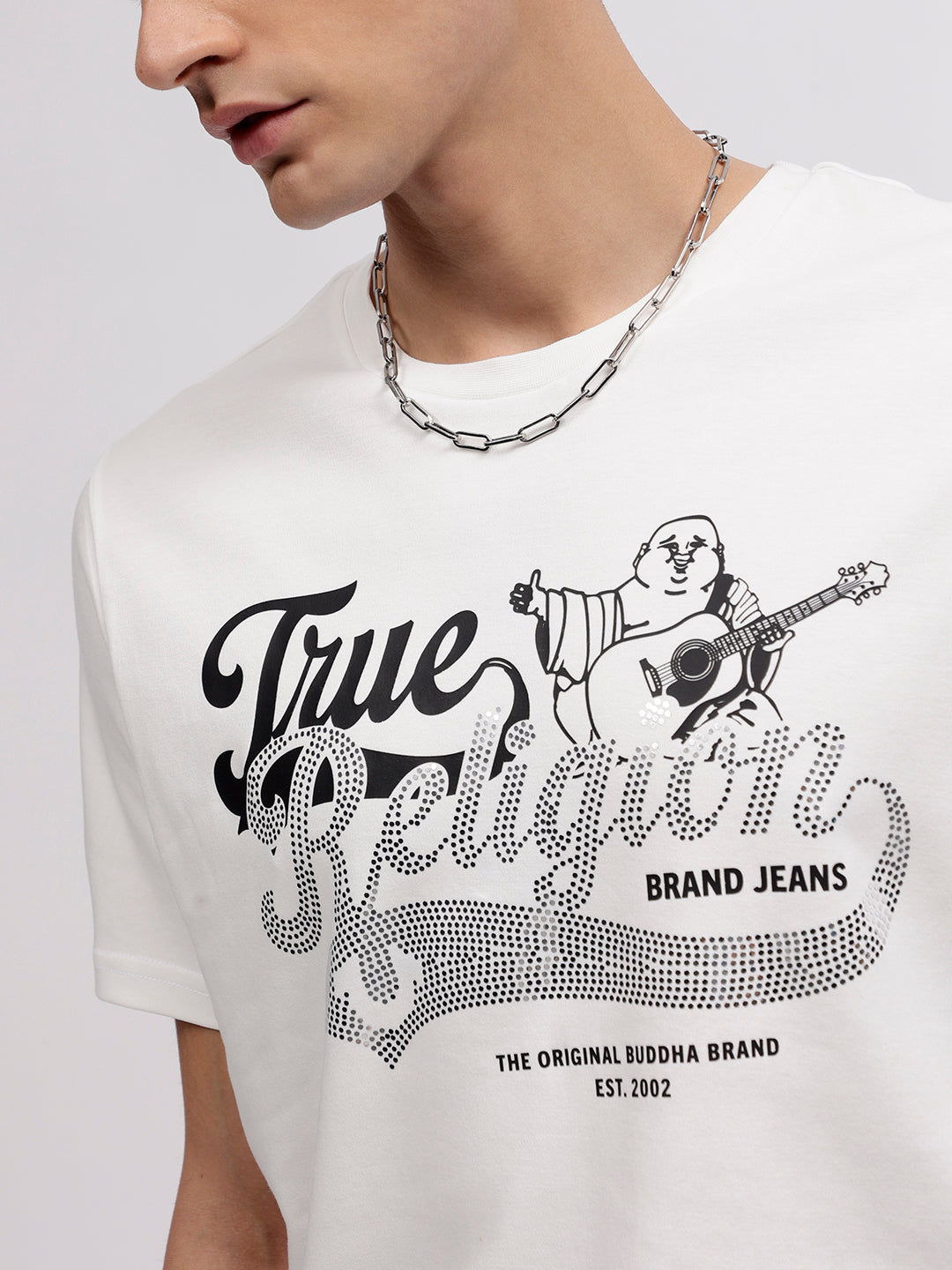 True Religion Men White Printed Round Neck Short Sleeves T-shirt