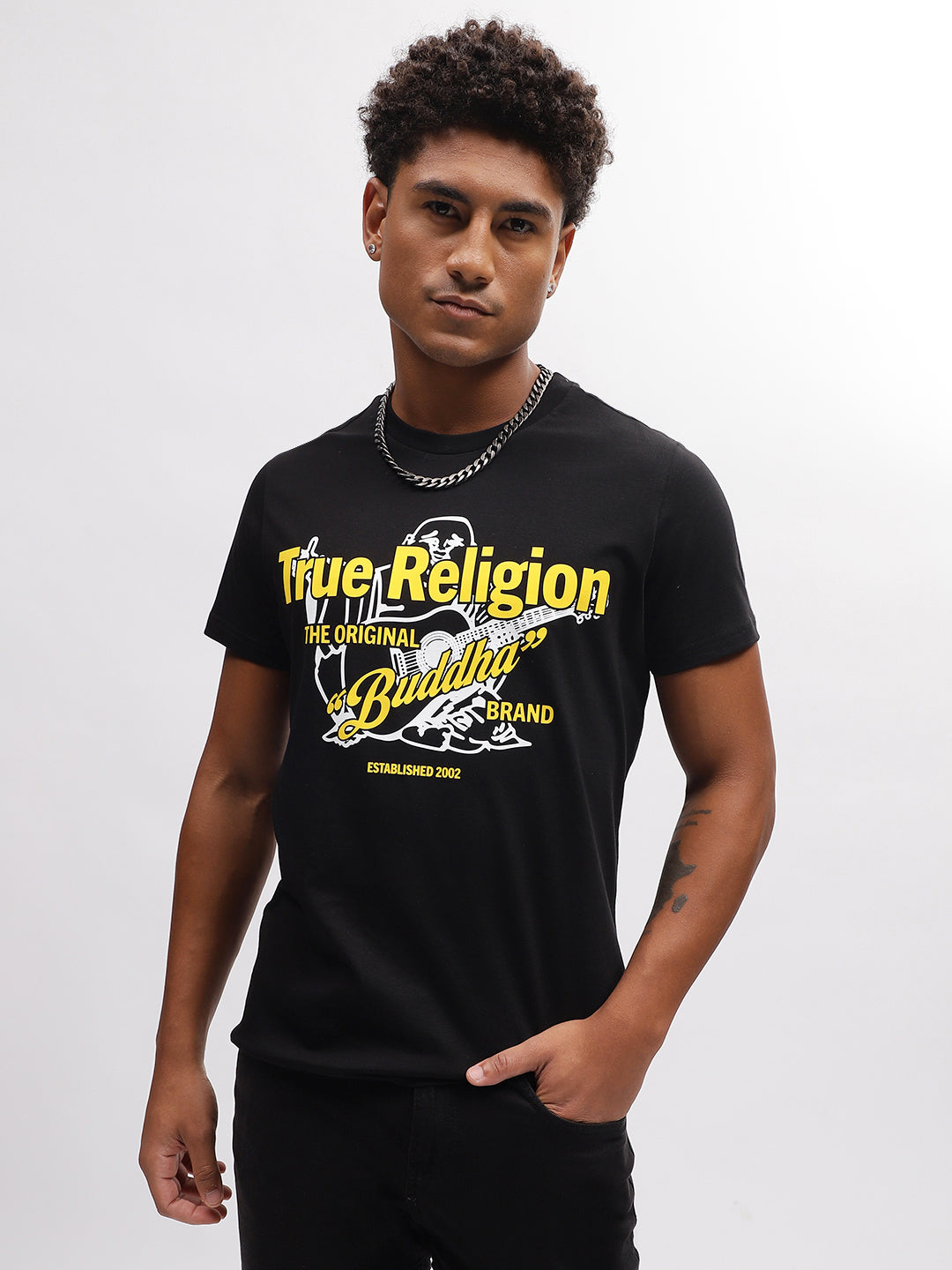 True Religion Men Black Printed Round Neck Short Sleeves T-Shirt