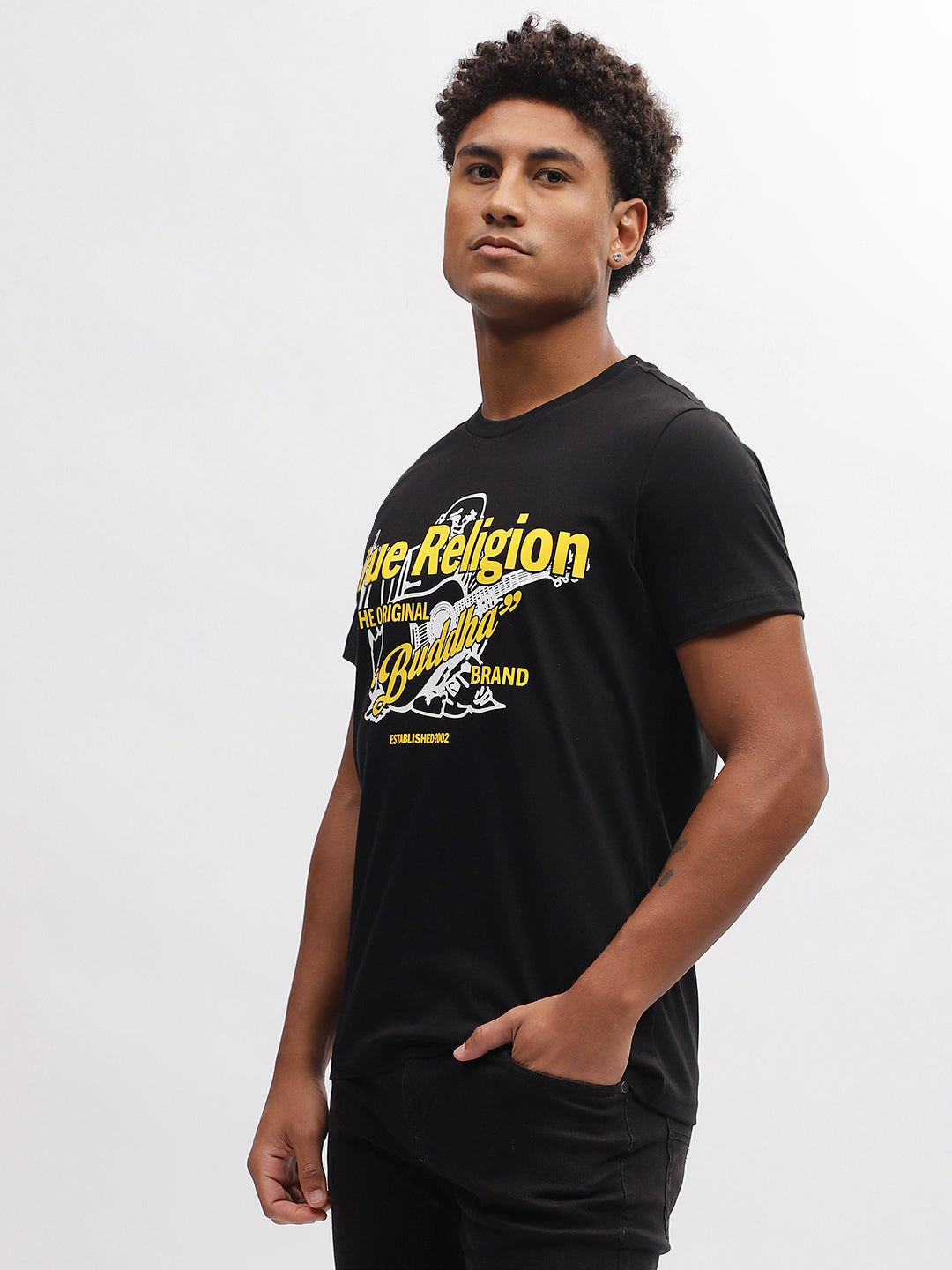 True Religion Men Black Printed Round Neck Short Sleeves T-Shirt