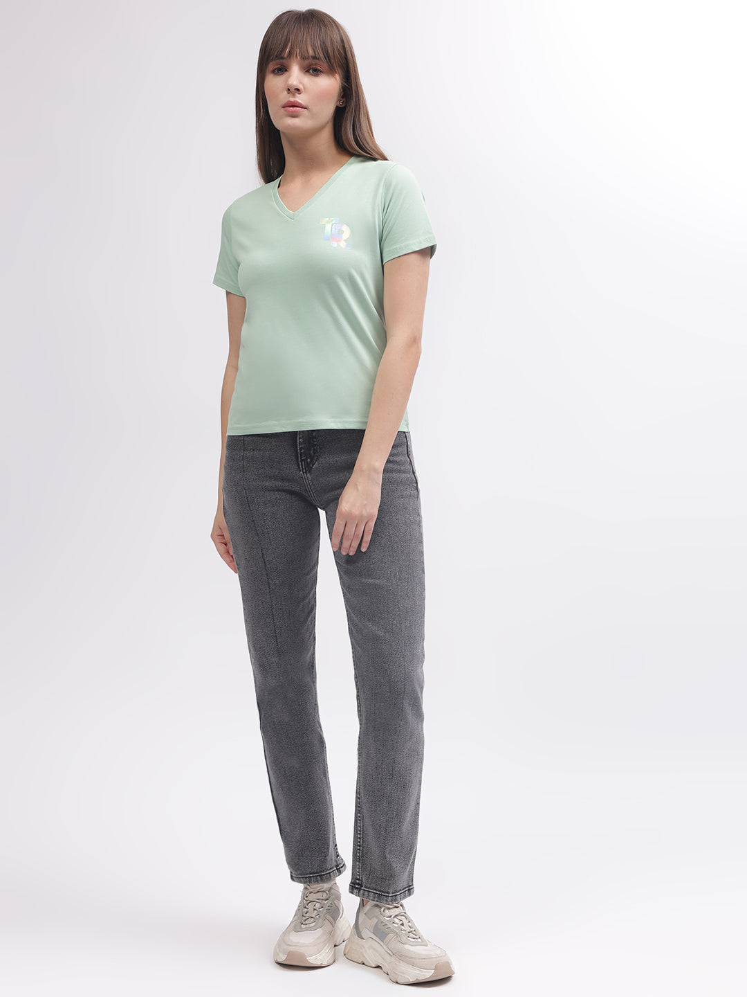 True Religion Women Green Solid V Neck Short Sleeves T-shirt