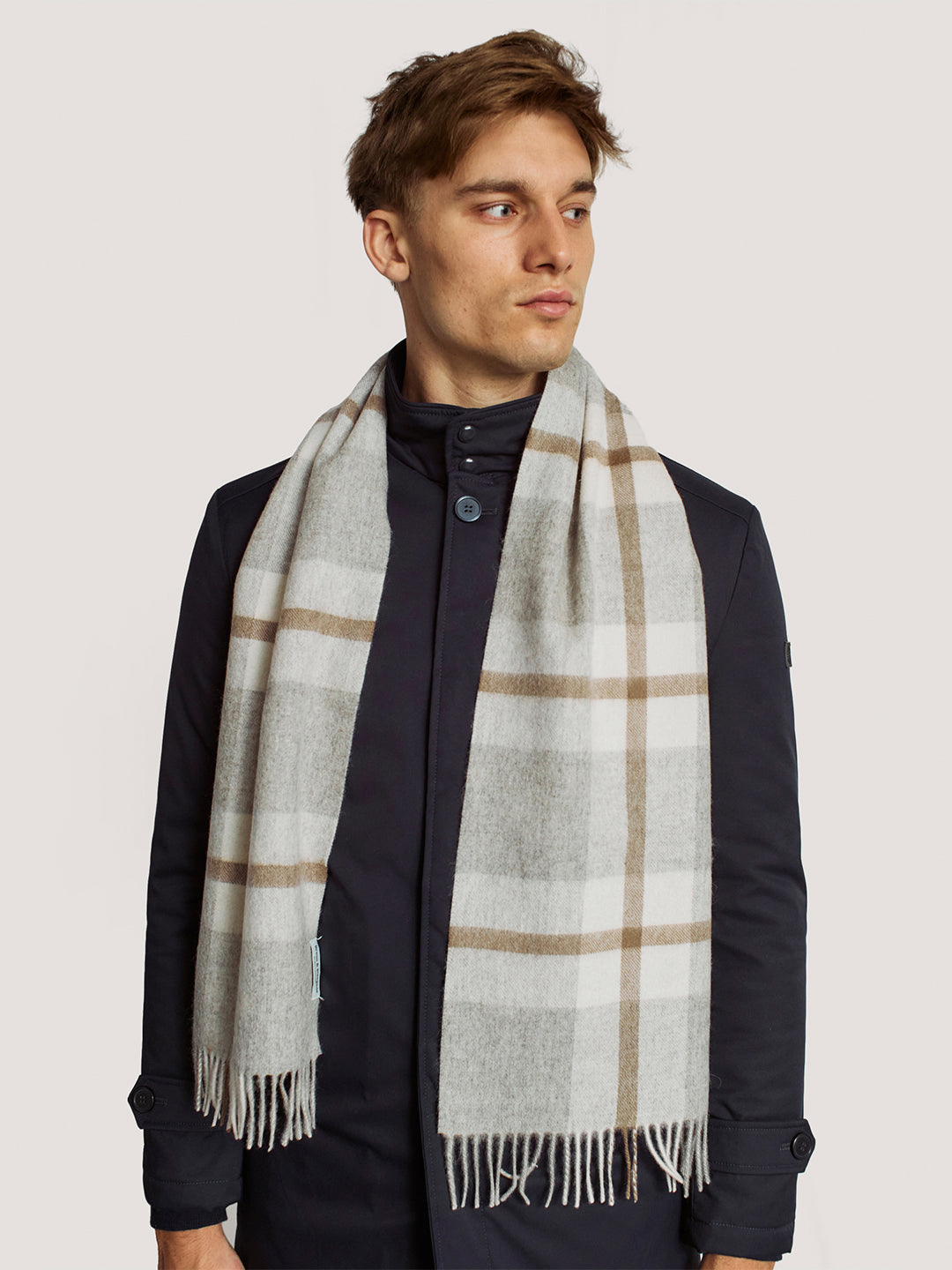 Bruun & Stengade Men Grey Checked Fringed Muffler