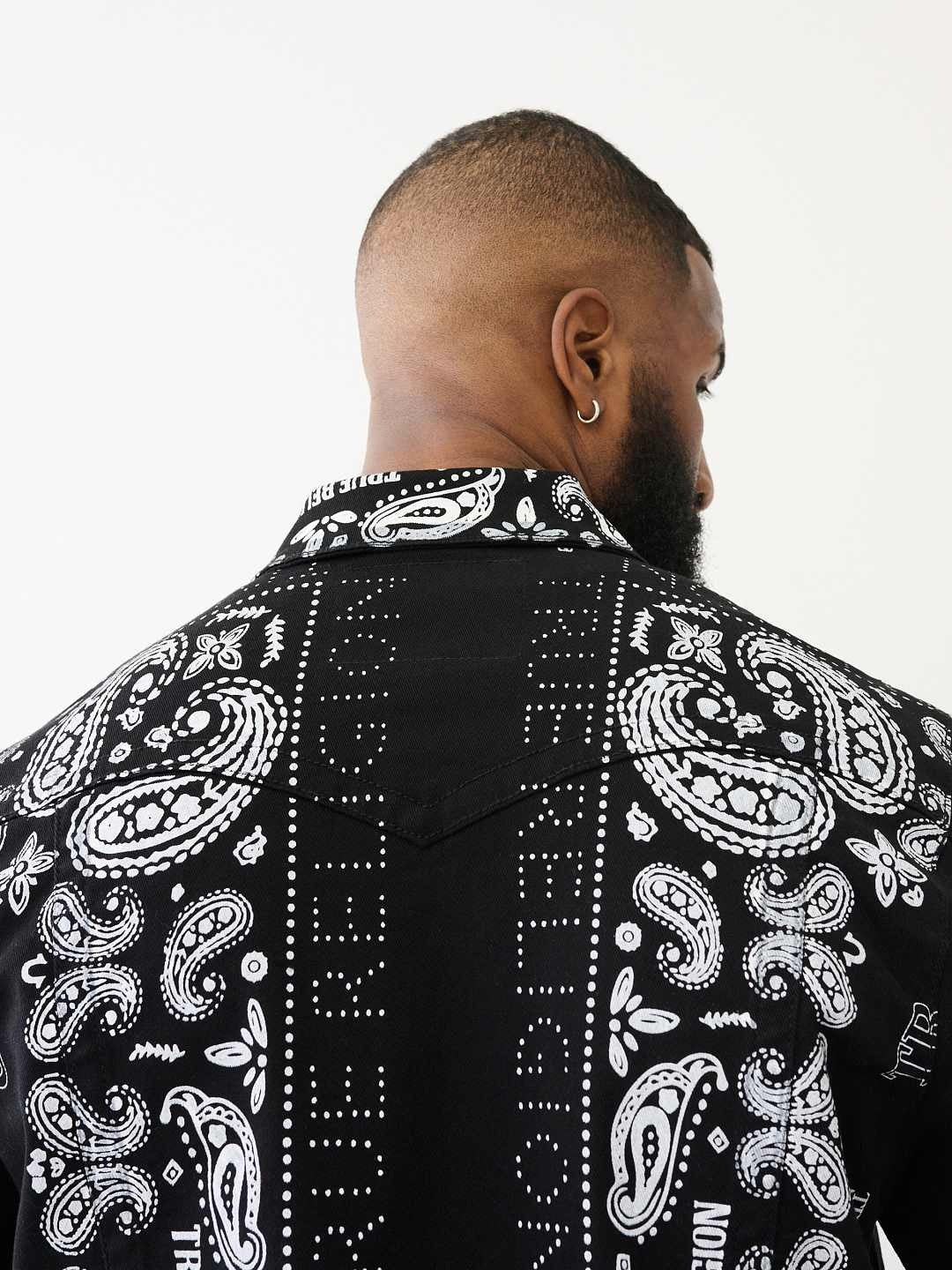 True Religion Men Black Printed Spread Collar Full Sleeves Jacket