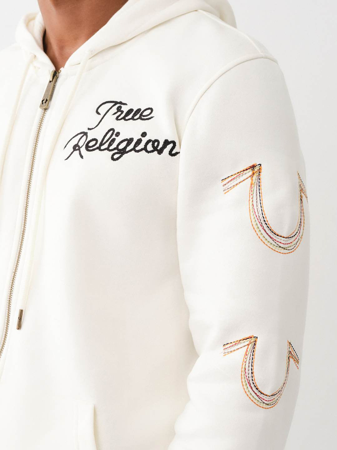 Shop True Religion Men Cream Solid Hooded Full Sleeves Zipped